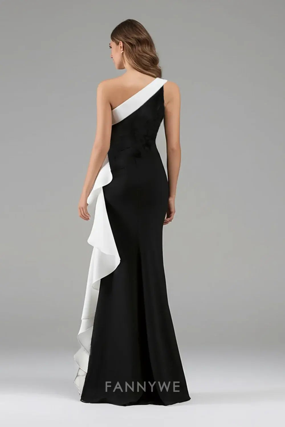 FannyWe Simple Black White One Shoulder Long Black Tie Dress with 3D Flowers